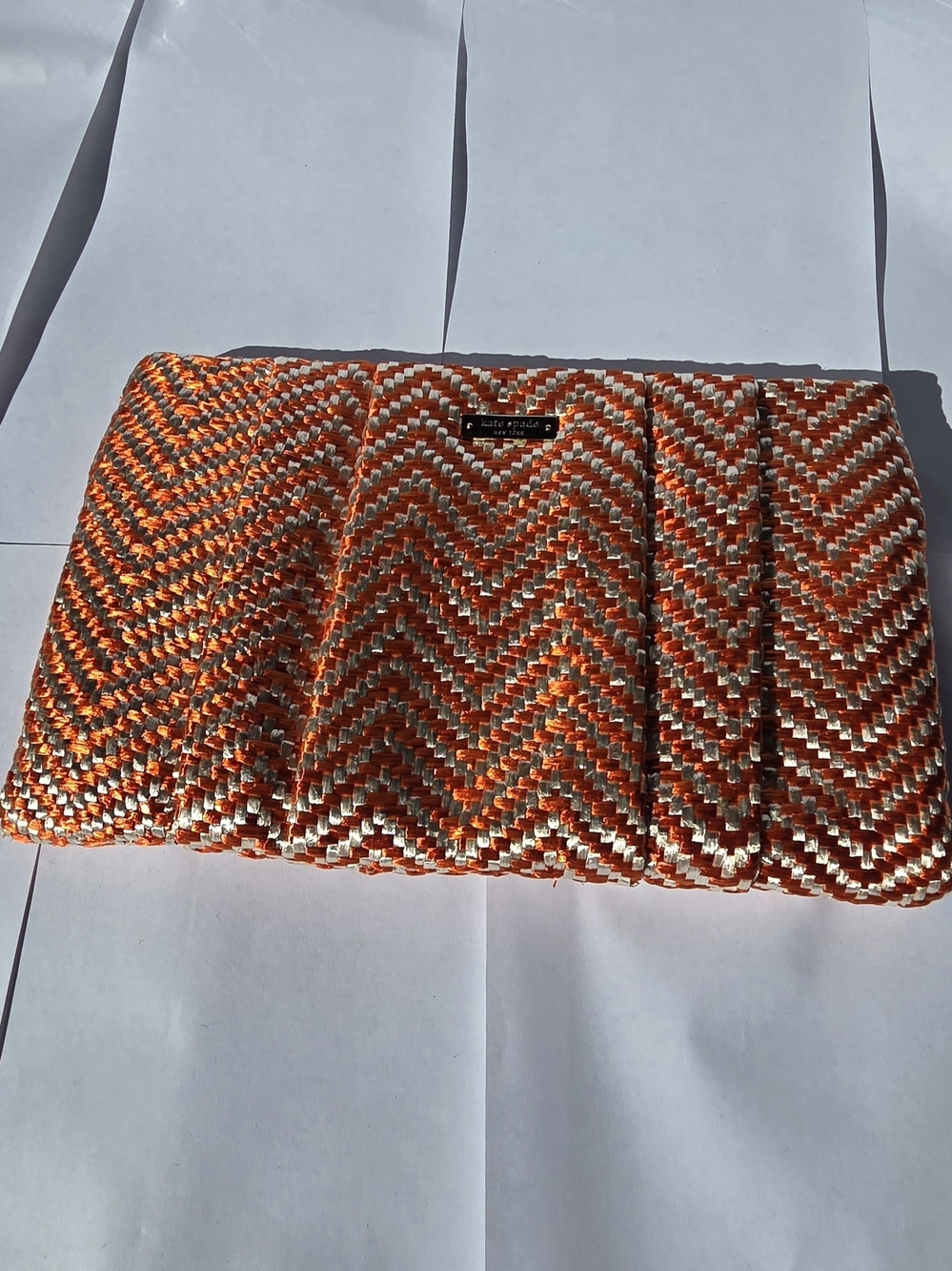 NWT Kate Spade Woven Raffia Chevron Clutch / Pouch - Orange & Gold